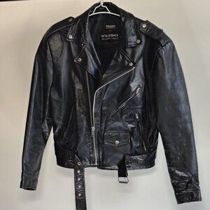 VINTAGE Wilson Leather Biker Jacket Black Belted Heavy Moto Punk Mens Medium 90s